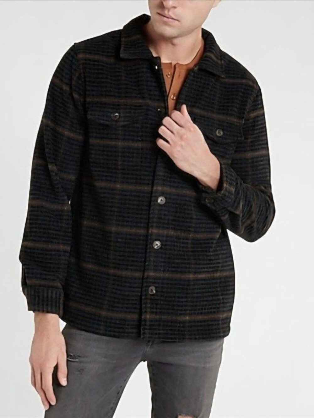 Men's XL Wool Blend Express Men’s Black & Brown Plaid Shirt Jacket